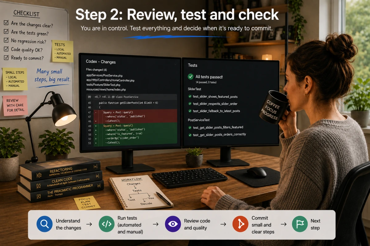 Woman reviewing code changes and test results before deciding whether the work is ready to commit.