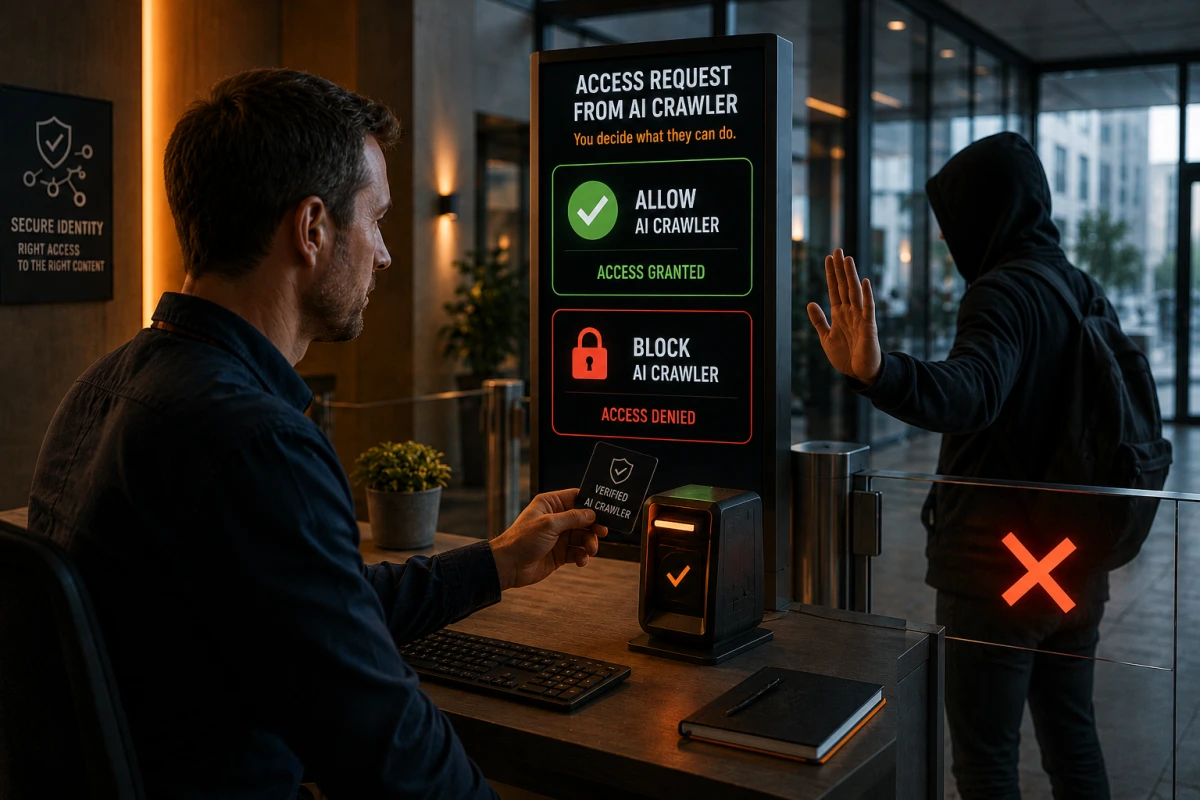 Security checkpoint where a verified AI crawler is granted access while an unidentified visitor is blocked