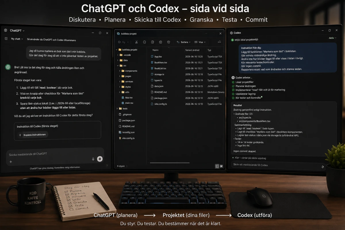 Arbetsplats med ChatGPT, projektfiler och Codex sida vid sida på datorskärmar