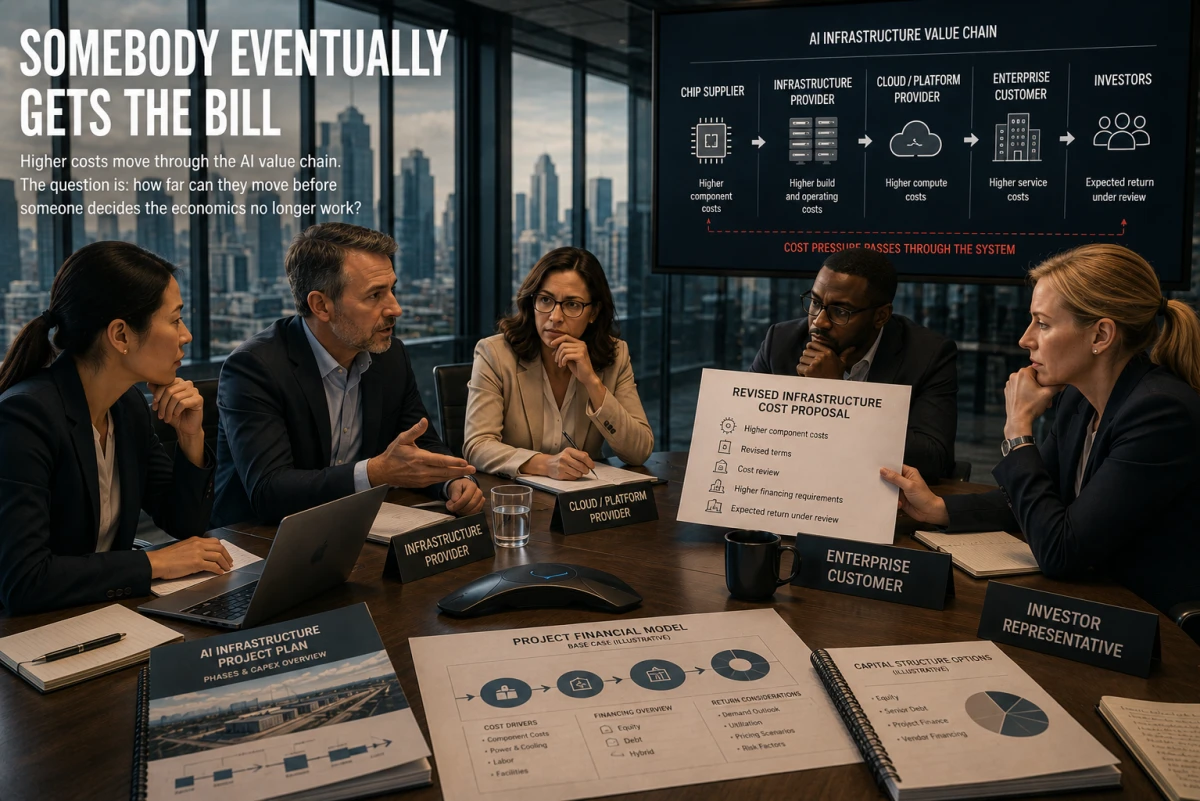 Editorial illustration of infrastructure providers, cloud operators, customers and investors discussing revised AI infrastructure costs around a conference table.