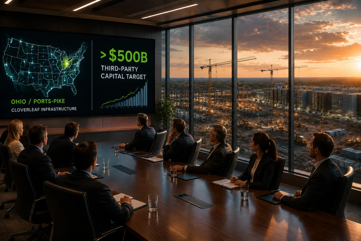 Business executives in a high-rise boardroom reviewing an AI infrastructure presentation about Ohio, PORTS-Pike, Cloverleaf Infrastructure and a target of more than $500 billion in third-party capital.
