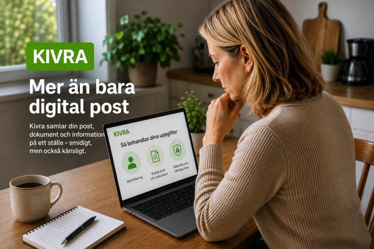 Kvinna sitter vid köksbord med laptop och läser information om hur personuppgifter behandlas i Kivra.