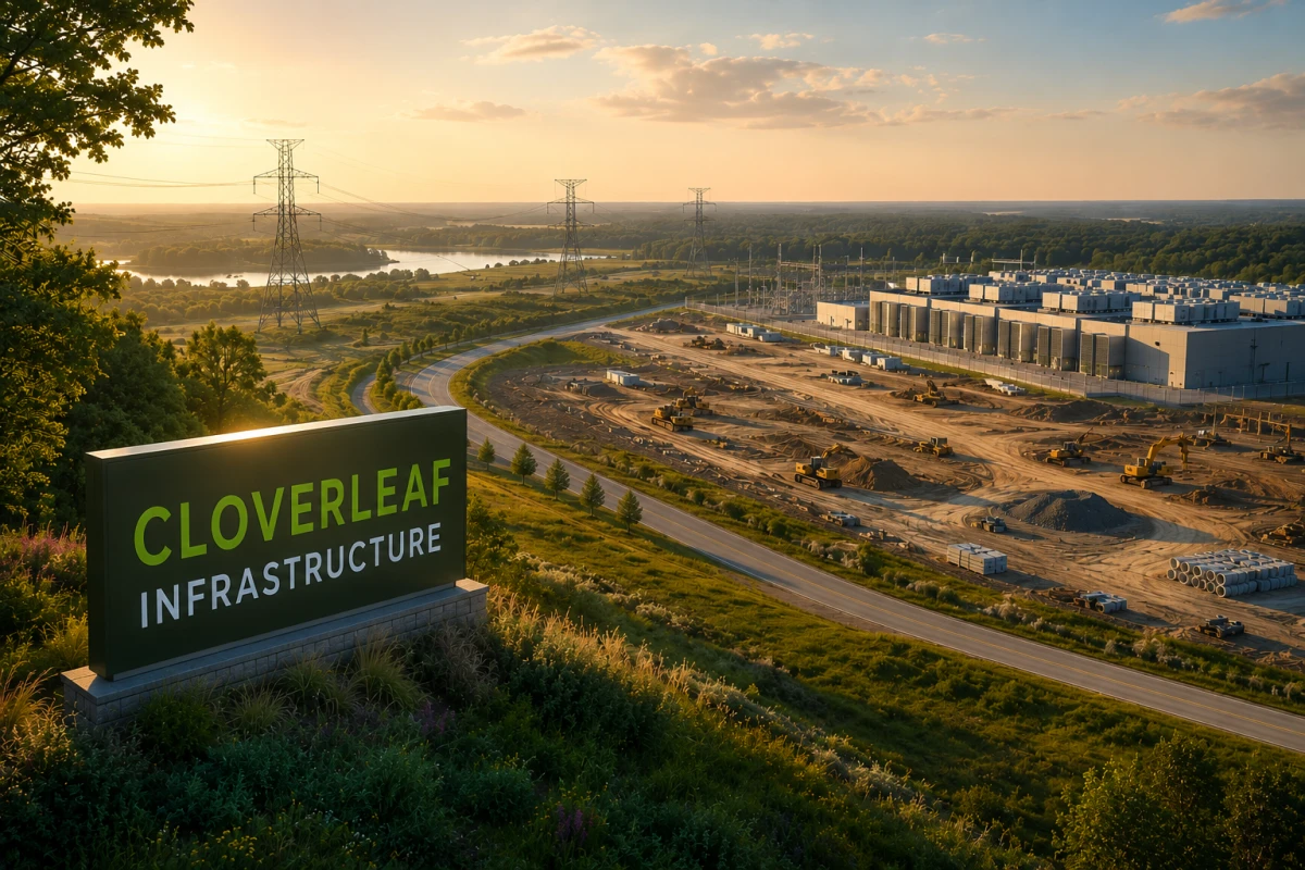 Editorial view of a Cloverleaf Infrastructure development site with data center construction, power transmission lines and heavy equipment.
