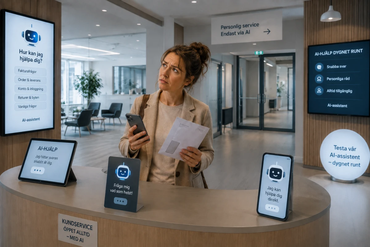 Kvinna vid en obemannad servicedisk omgiven av AI-baserade hjälpsystem och digitala assistenter.