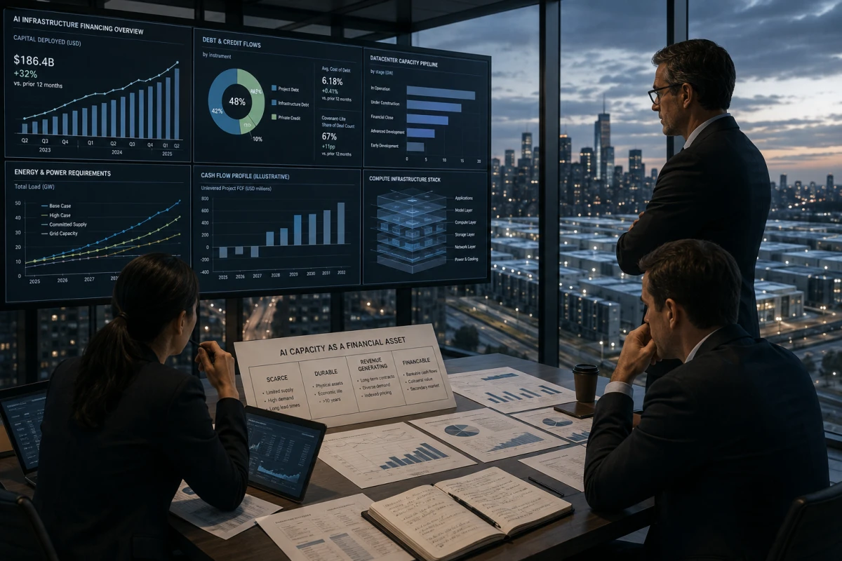 Finansanalytiker granskar diagram och underlag om AI-infrastruktur, kredit och datacenterkapacitet.
