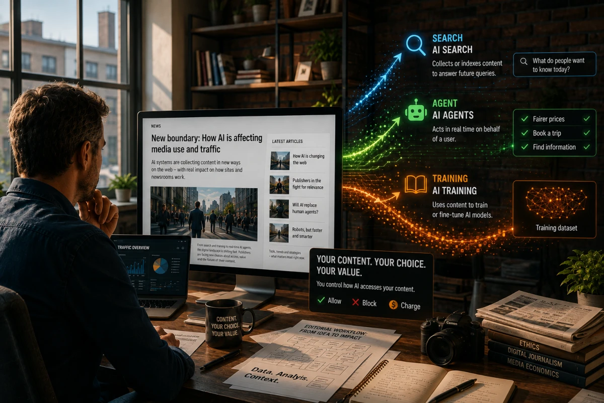Editor at a computer with an illustration showing AI Search, AI Agents and AI Training as different types of web traffic