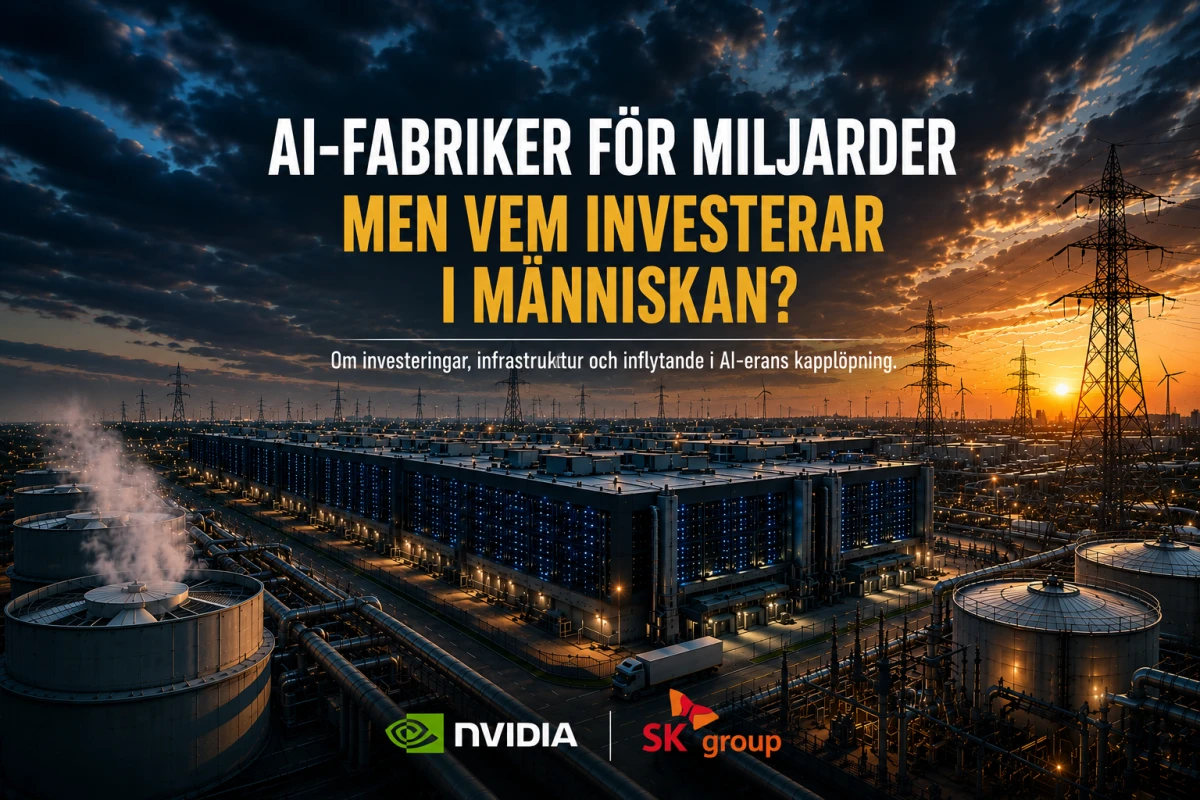 AI-fabrik med datacenter, kraftledningar och energiinfrastruktur, med NVIDIA- och SK Group-loggor samt rubriken om investeringar i teknik och människor.