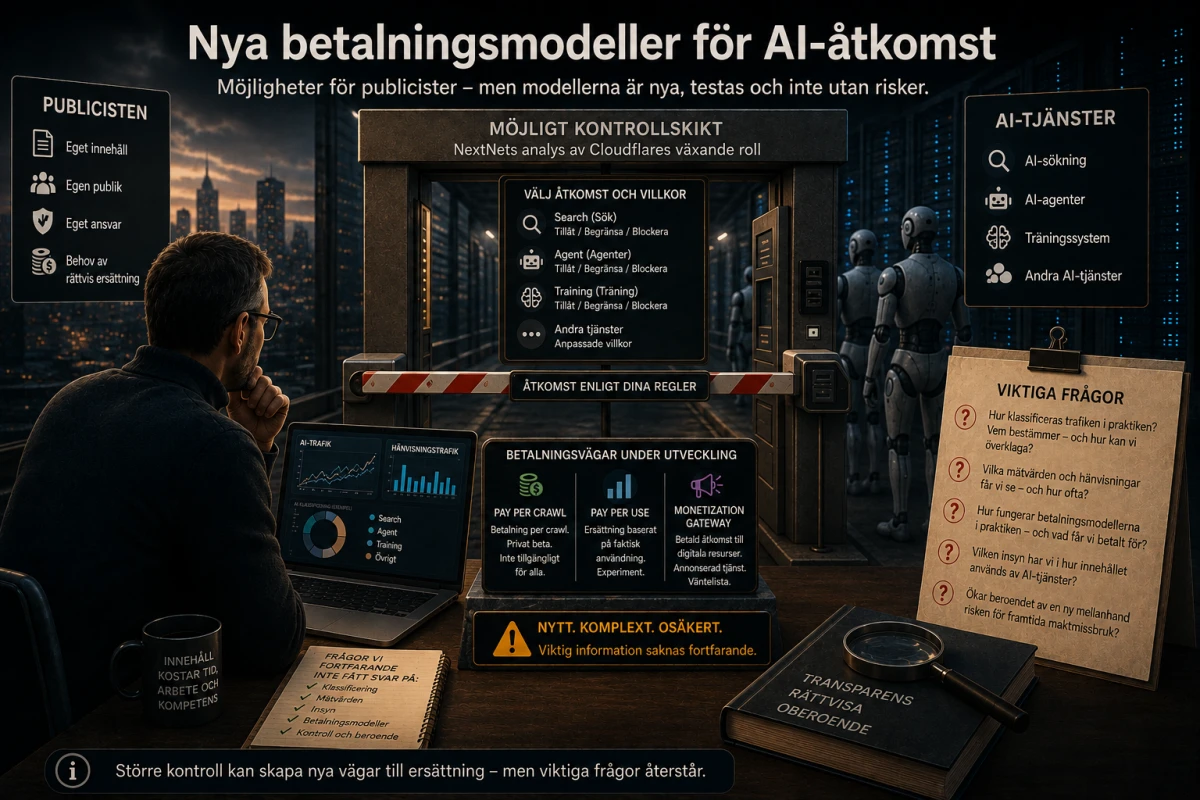 Illustration av ett möjligt kontrollskikt med nya betalningsmodeller för AI-åtkomst, inklusive Pay Per Crawl, Pay Per Use och Monetization Gateway.