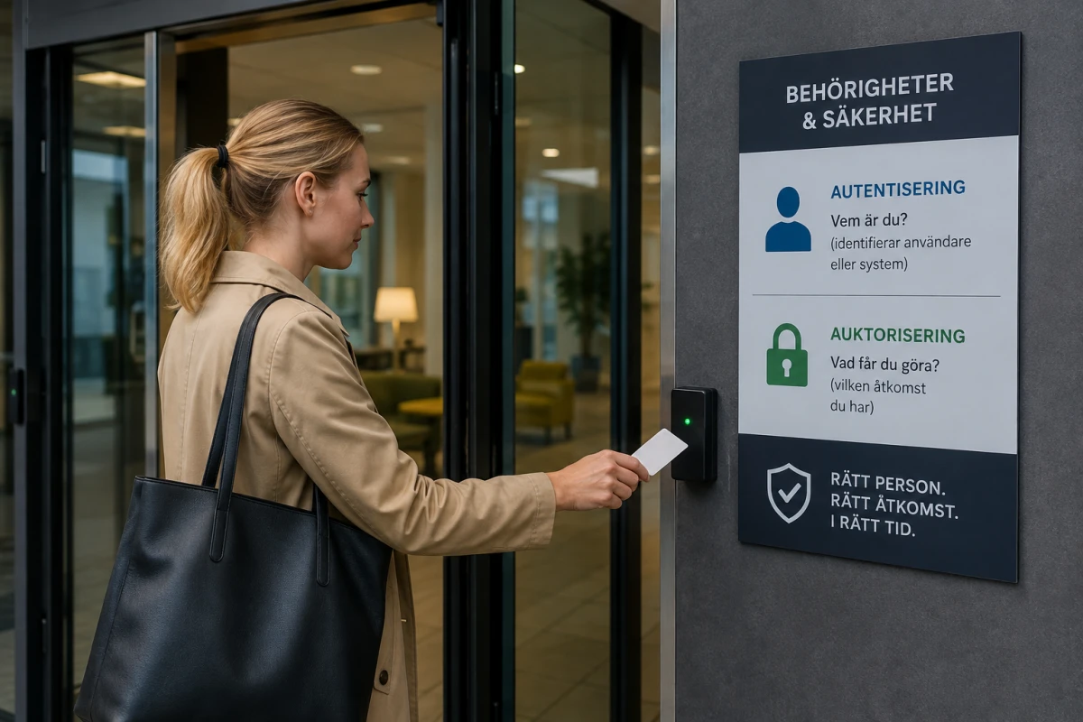 Man vid dator i kontorsmiljö med information om autentisering, auktorisering och API-behörigheter