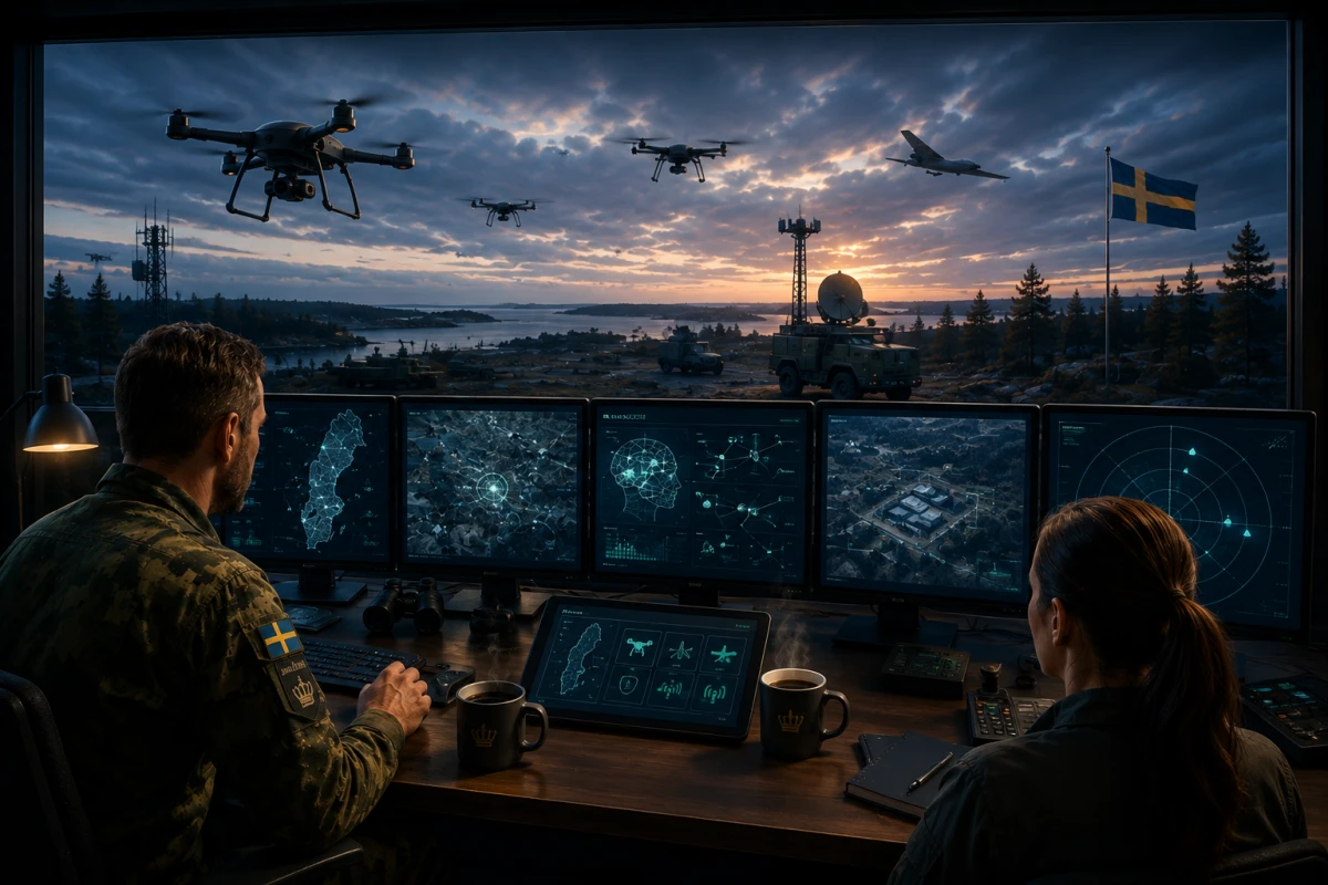 Två operatörer övervakar drönare, flyg och taktisk information i ett svenskt militärt ledningsrum.