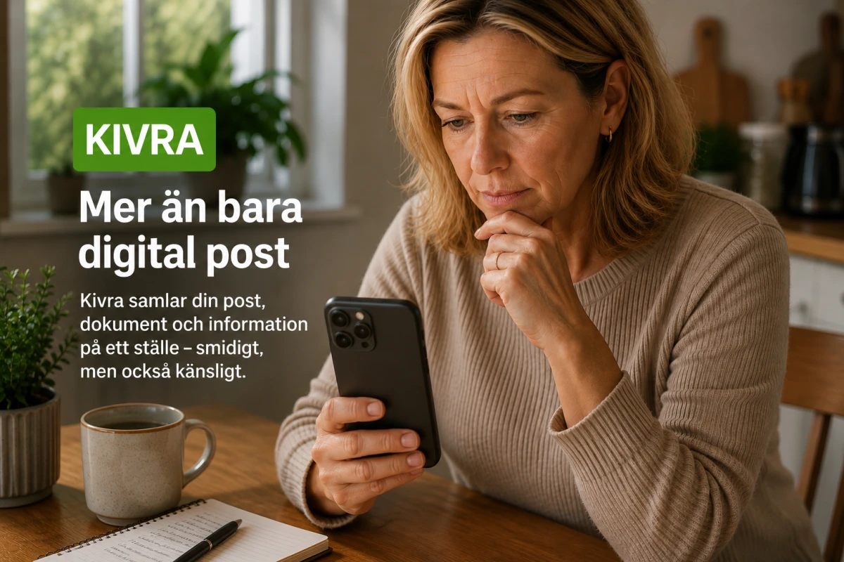 Kvinna vid köksbord håller en mobiltelefon och funderar över Kivras villkor och behandling av personuppgifter.