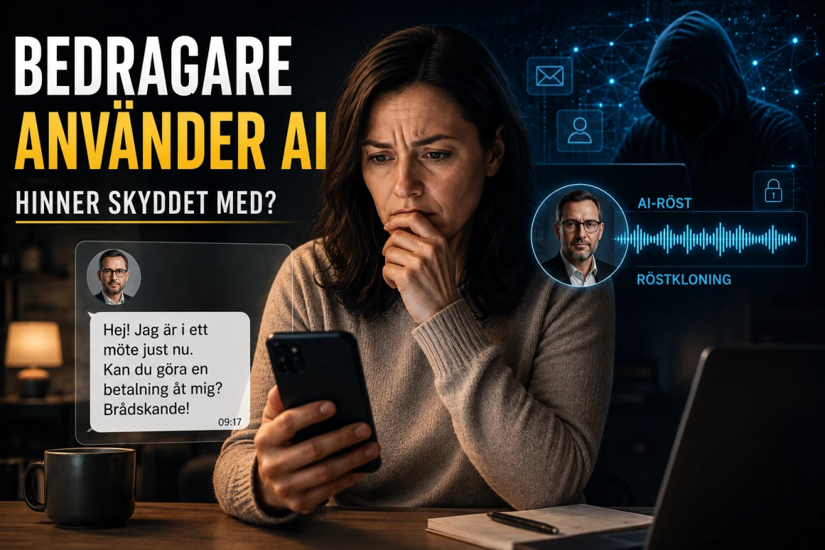 Kvinna granskar ett brådskande betalningsmeddelande medan en AI-klonad chefsröst och en digital bedragare illustreras i bakgrunden.