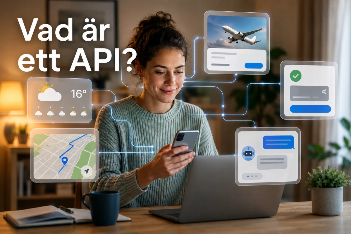 Kvinna hemma med mobil och laptop omgiven av vardagliga digitala tjänster som väder, karta, betalning och AI