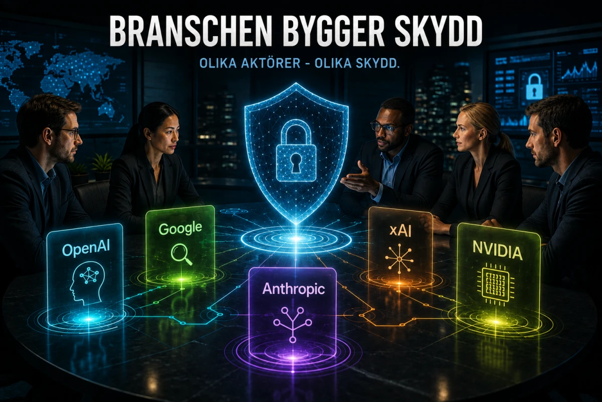 Redaktionell illustration av AI-branschens säkerhetsarbete med OpenAI, Google, Anthropic, xAI och NVIDIA runt ett gemensamt digitalt skyddsmotiv.