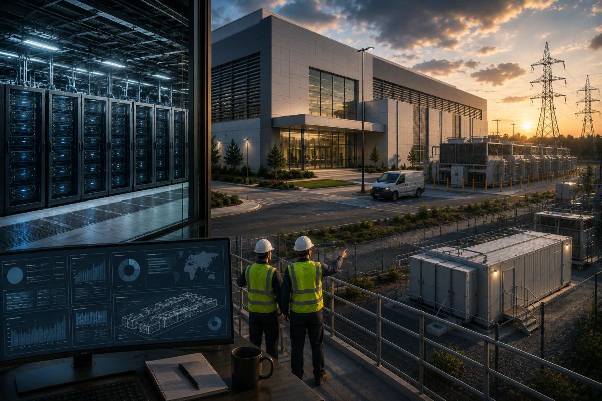 Large modern data-center facility with power infrastructure, service roads and limited routine activity.