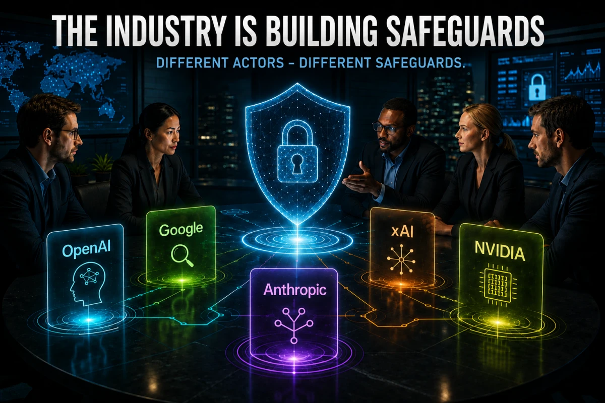 Editorial illustration showing OpenAI, Google, Anthropic, xAI and NVIDIA as examples of AI companies developing different types of security safeguards.