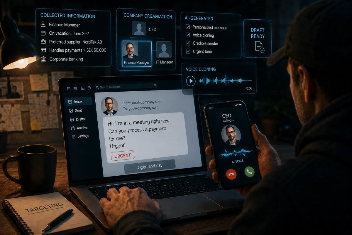 Editorial illustration of a scammer collecting company information and using AI to create a convincing payment request and cloned executive voice.