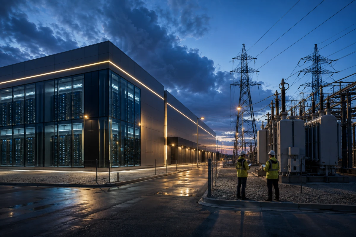 Datacenterbyggnad och transformatorstation med kraftledningar medan två tekniker utför en kontroll.