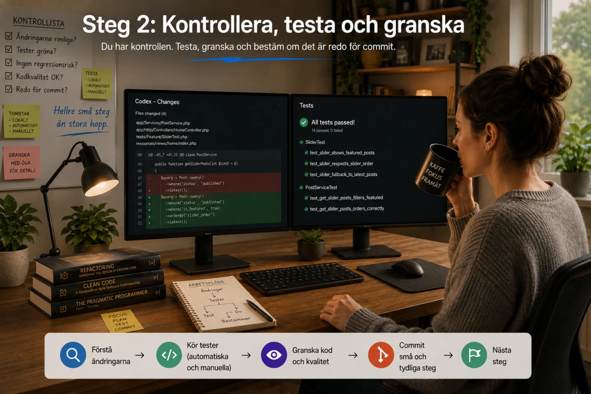 Kvinna med kaffe vid två breda skärmar som granskar testresultat och ändringar