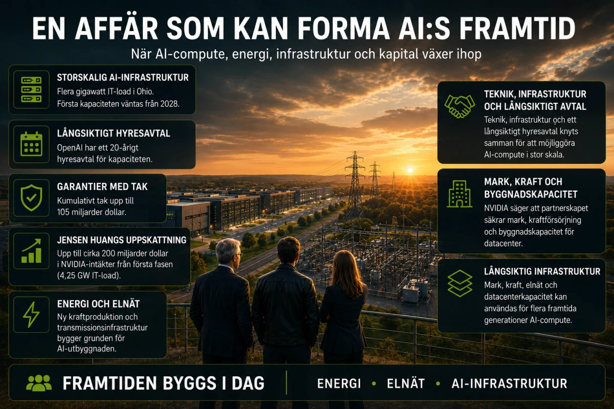 Framtidsinriktad AI-infrastruktur med datacenter, energi och kapital som knyts samman i ett större landskap.