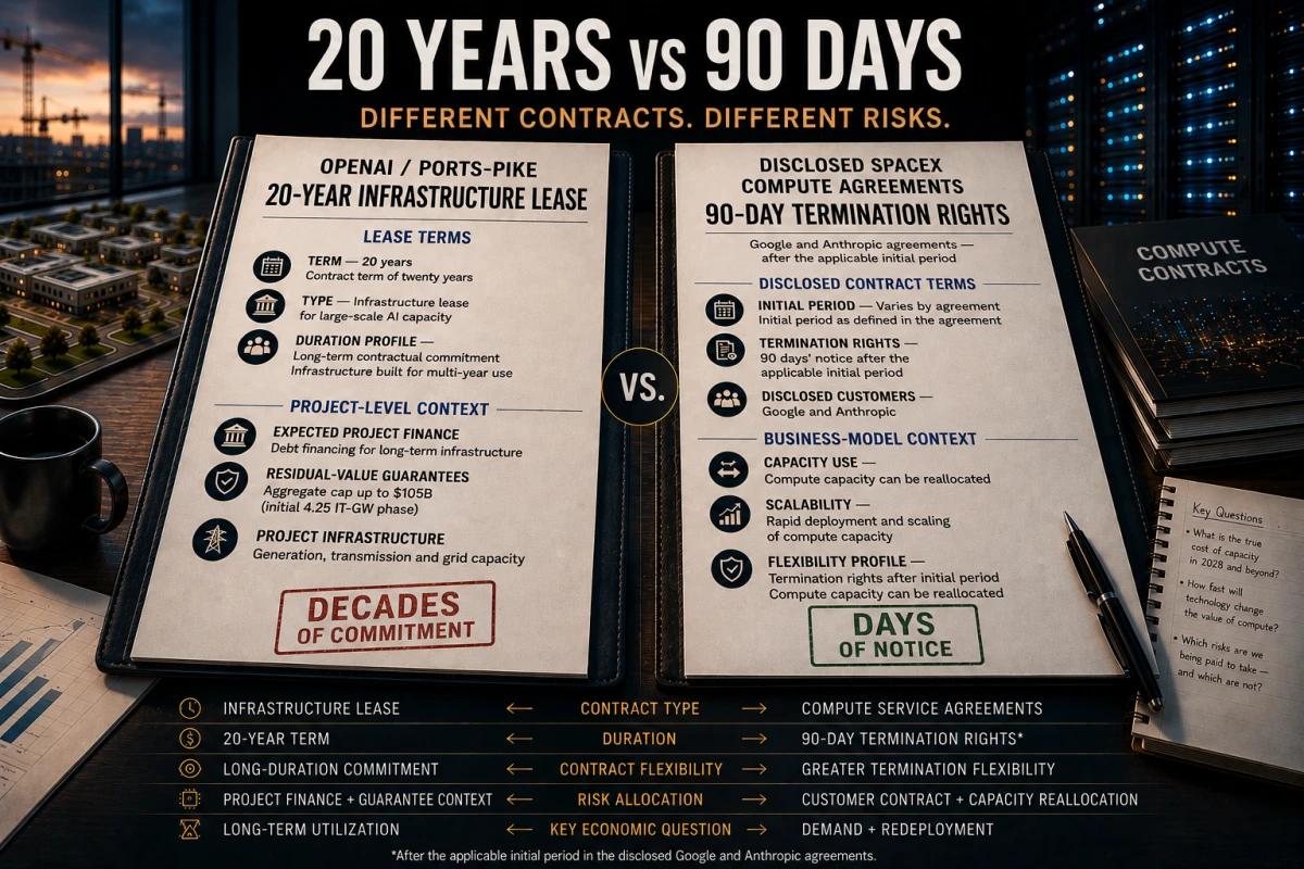 Editorial comparison of OpenAI’s 20-year PORTS-Pike infrastructure lease and disclosed SpaceX compute agreements with Google and Anthropic that include 90-day termination rights after applicable initial periods.