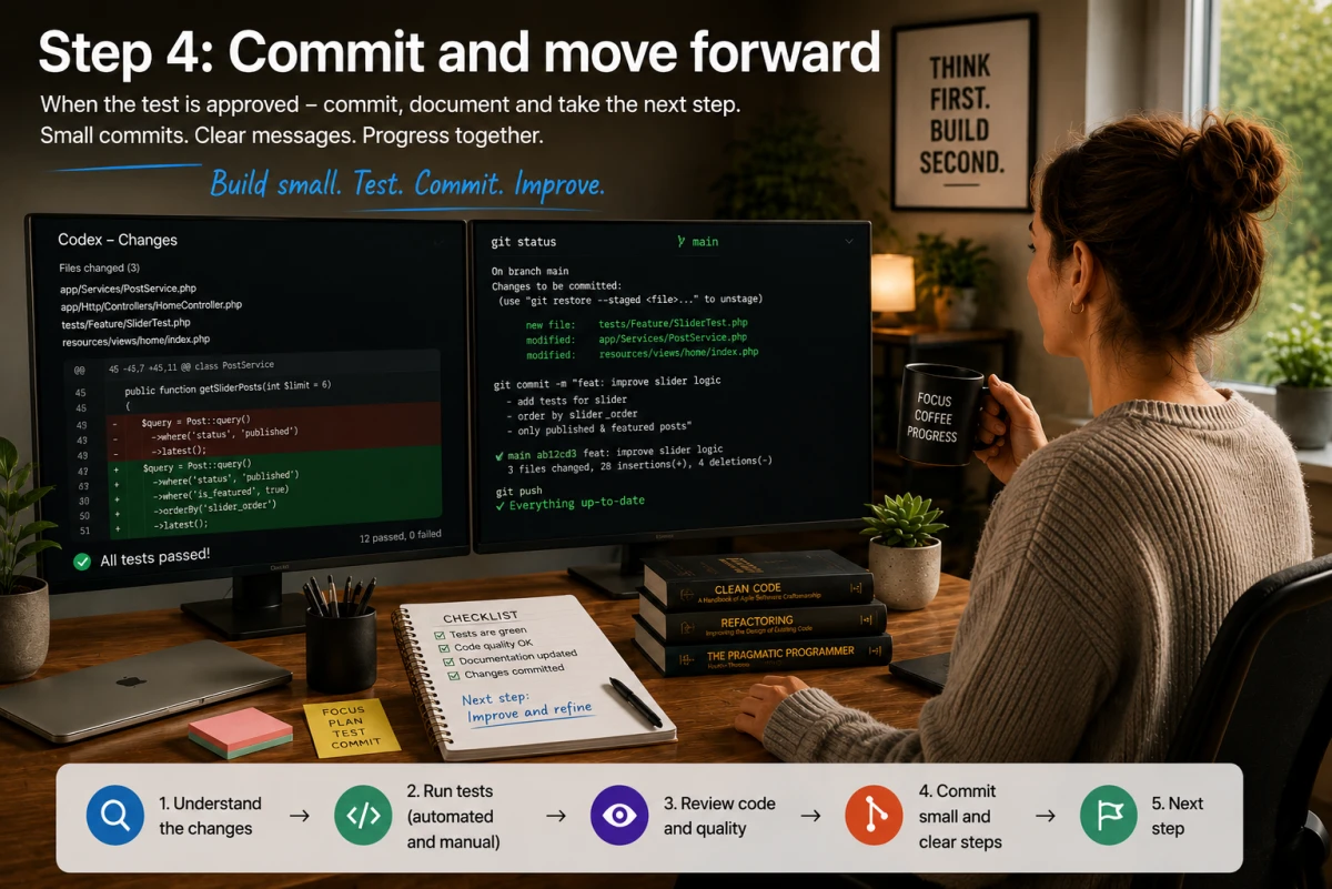 Woman reviewing successful tests and Git changes before making a small controlled commit.