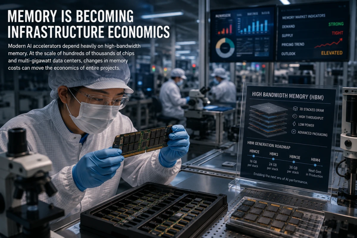 Editorial illustration of a semiconductor cleanroom worker inspecting high-bandwidth memory components used in advanced AI infrastructure.