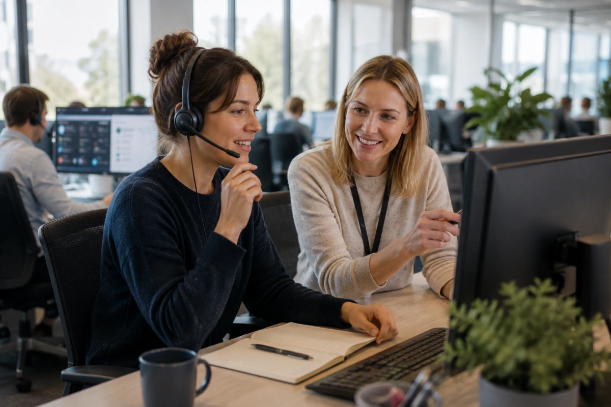 Två kundservicemedarbetare samarbetar med ett digitalt stödsystem i ett ljust kontor.