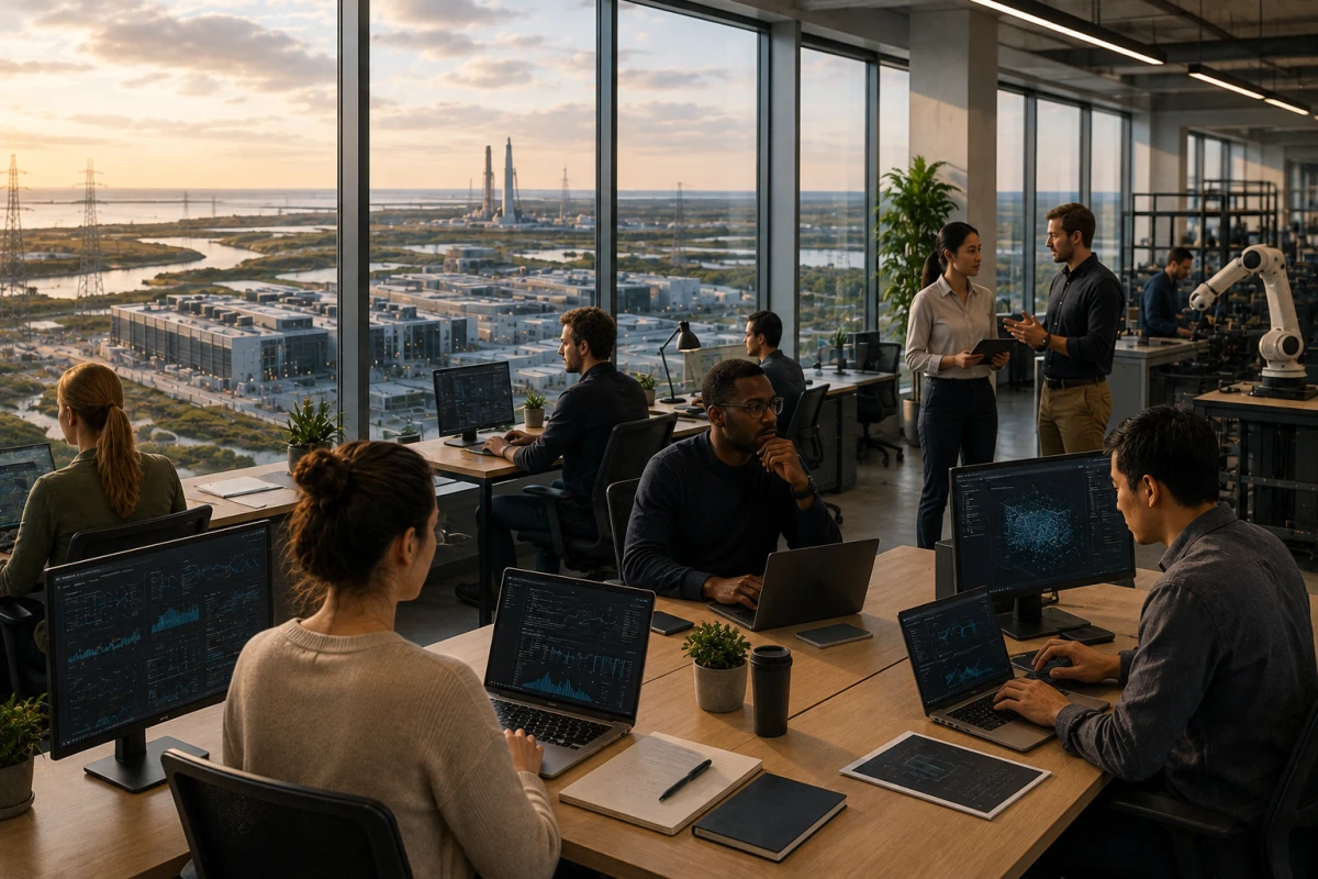 People working in a modern technology office overlooking large AI infrastructure, with automation equipment in the background.