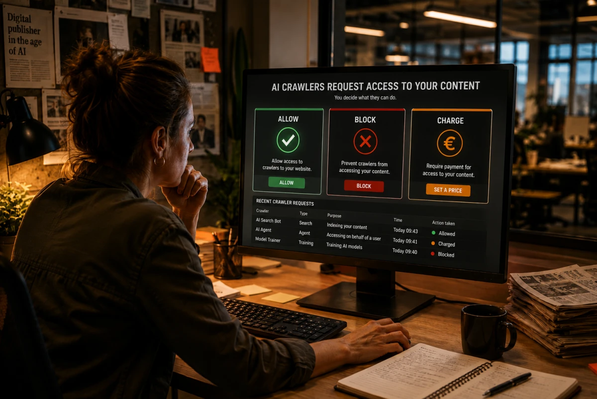 Woman in a newsroom viewing controls to allow, block or charge AI crawlers for access to content