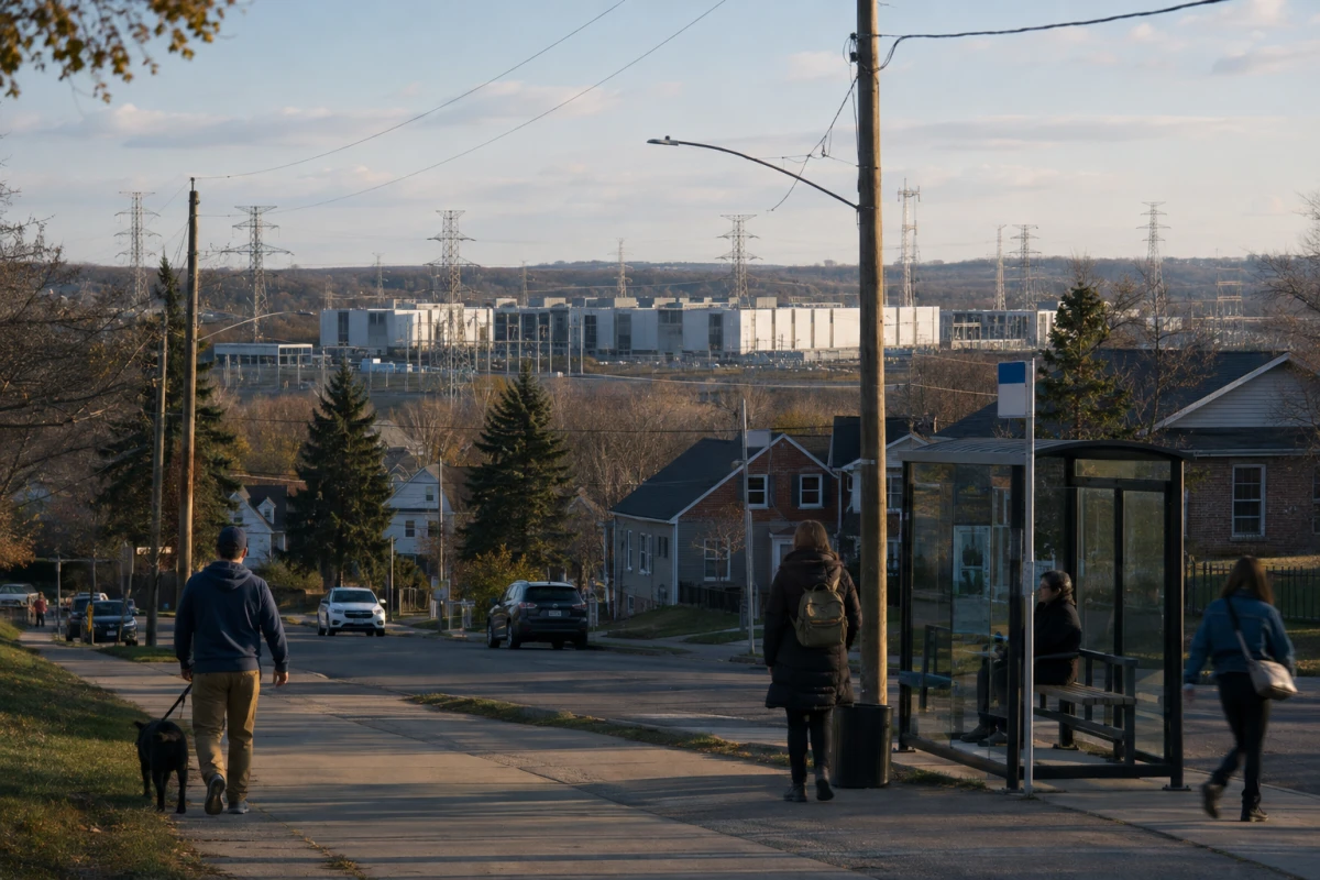 Residential street with people and data-center and electrical infrastructure visible in the background.