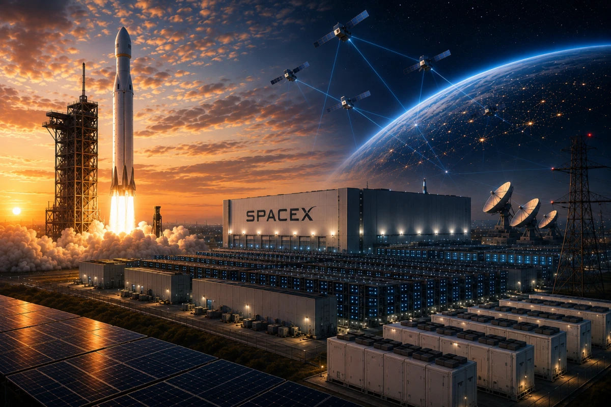 Kvällsvy av ett datacenter på marken med satelliter på himlen som symboliserar kopplingen mellan AI-compute, kommunikation och rymdinfrastruktur.
