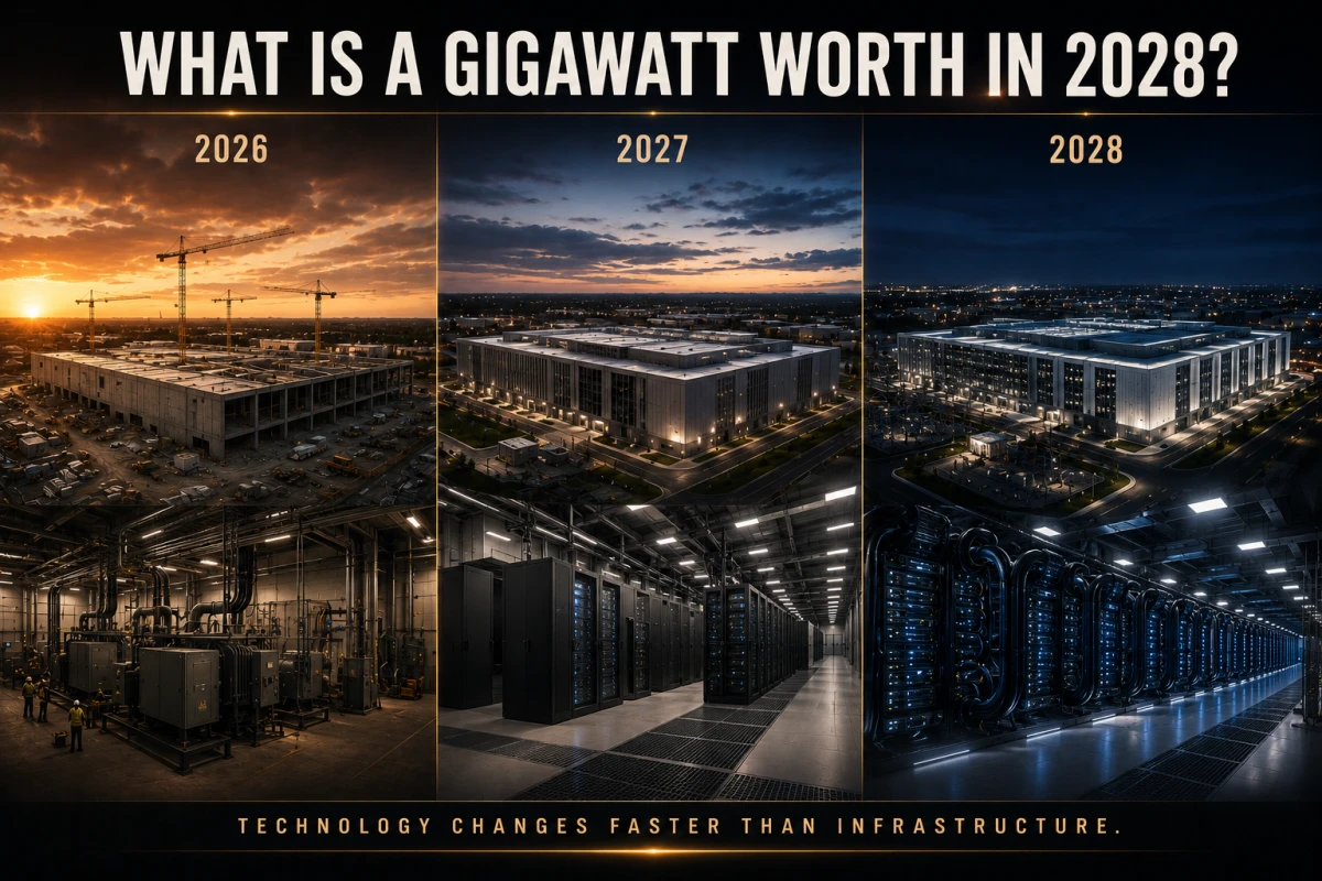 Cinematic editorial timeline showing AI infrastructure evolving from 2026 to 2028 as data-center hardware and compute technology become more advanced within long-lived physical infrastructure.