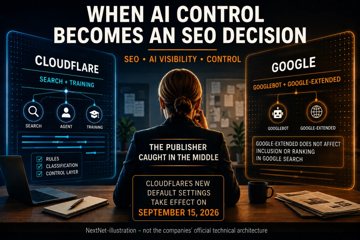 Publisher positioned between two digital rule systems for Cloudflare and Google, focused on AI control, SEO and web visibility.
