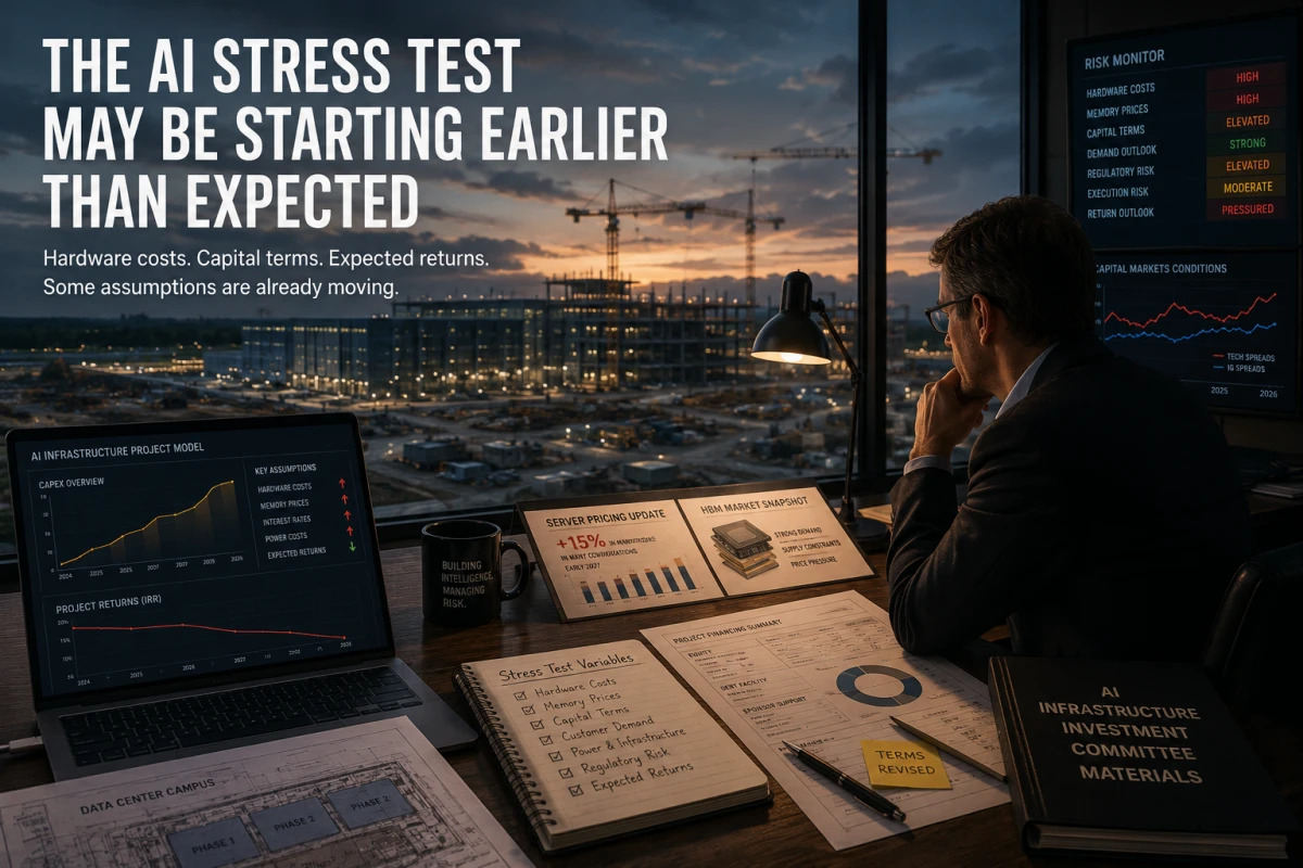 Editorial illustration of an analyst reviewing changing AI infrastructure costs and financing assumptions while a large data-center project remains under construction.