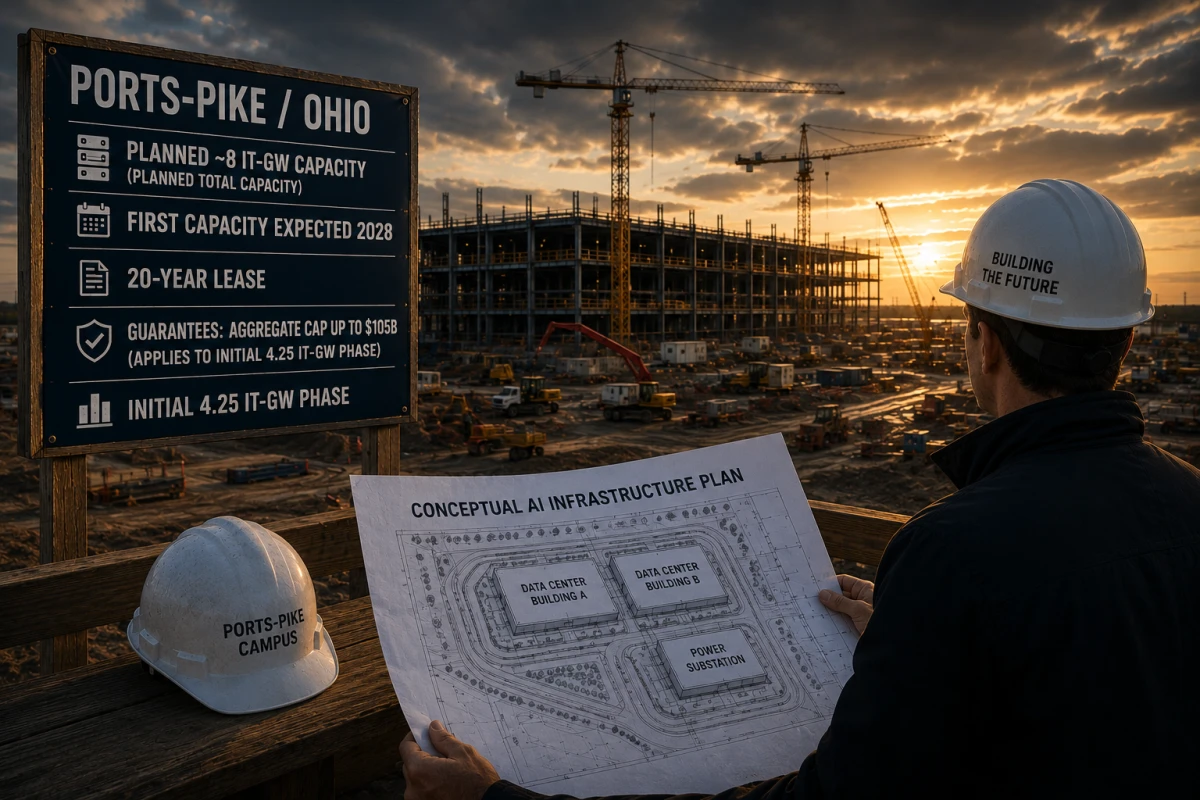 Editorial illustration of the PORTS-Pike AI infrastructure buildout in Ohio, showing planned 8 IT-GW capacity, first capacity expected in 2028 and the long-term infrastructure commitment.