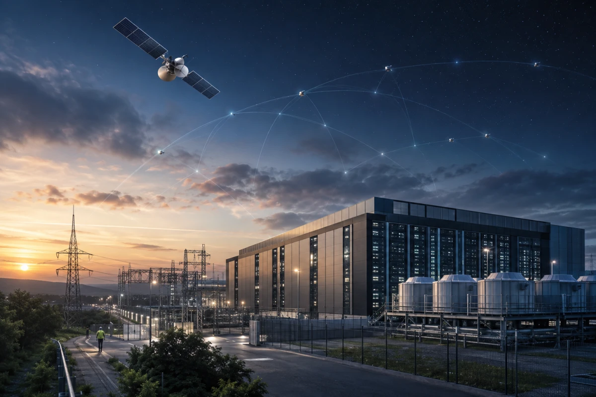 Large data center and power infrastructure at dusk with communication satellites illustrated overhead.