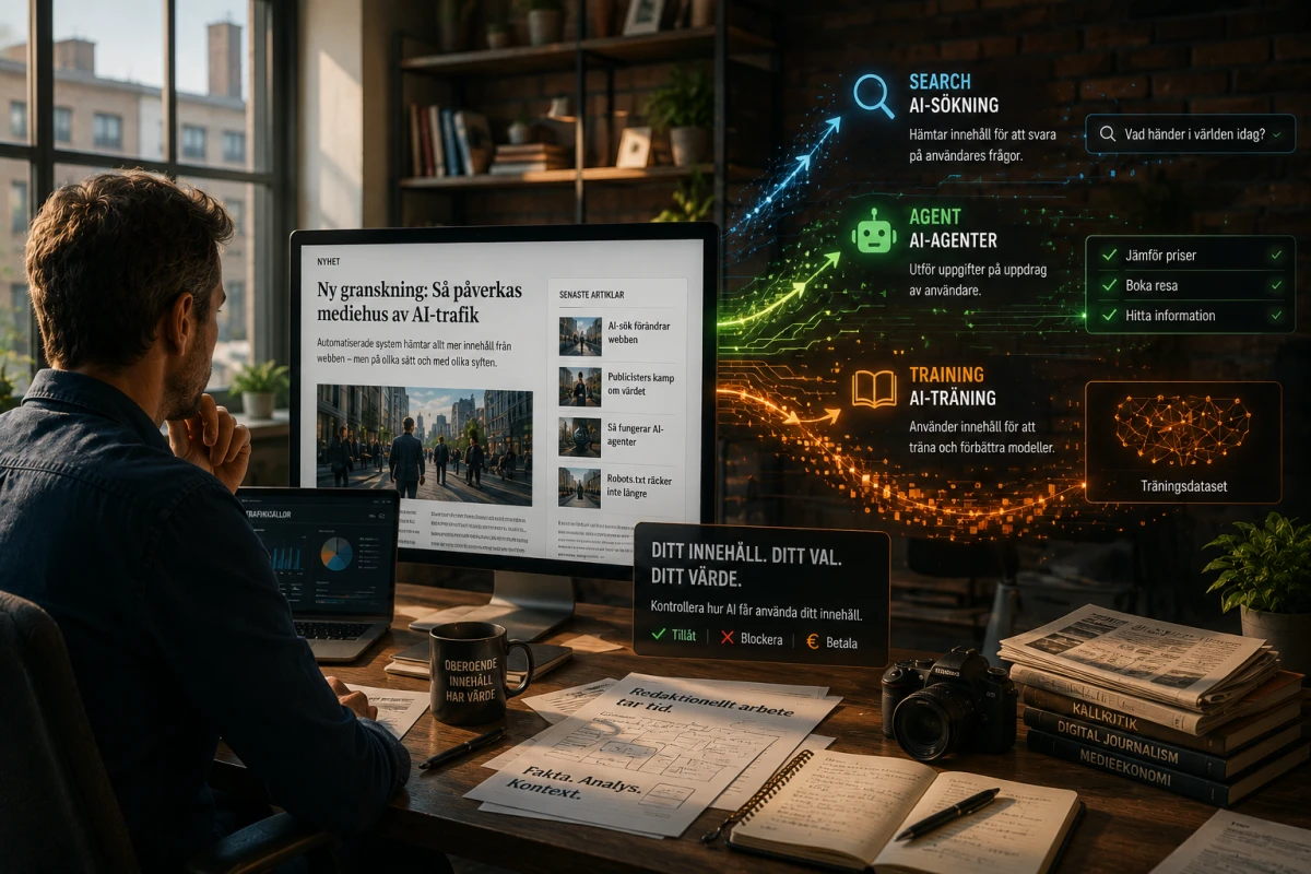 Redaktör vid dator med illustration av AI-sökning, AI-agenter och AI-träning som olika typer av webbtrafik