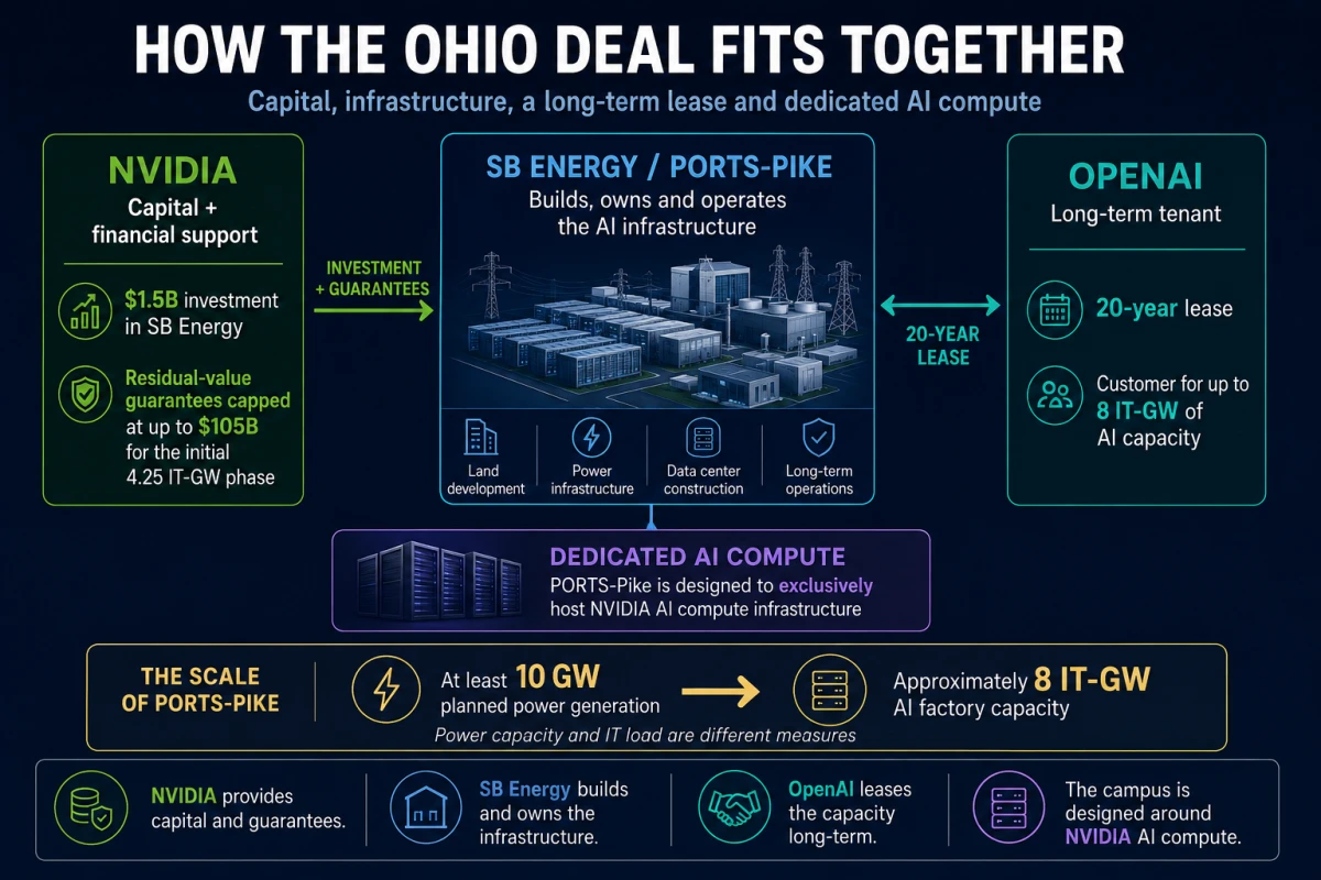 Editorial infographic explaining how NVIDIA, SB Energy, OpenAI and the PORTS-Pike AI infrastructure project are connected through investment, guarantees, infrastructure and a long-term lease.