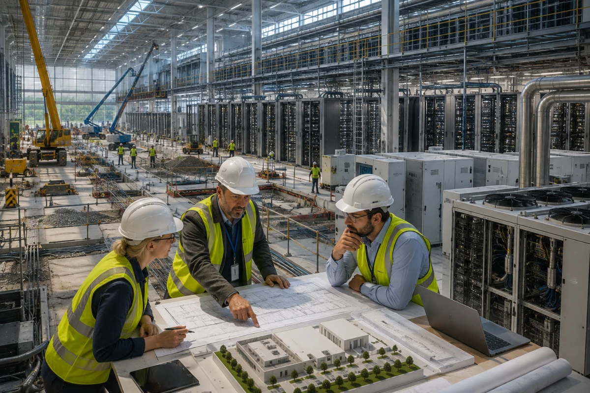 Projektledare och tekniker granskar en modell i en modern datacenteranläggning under utbyggnad.