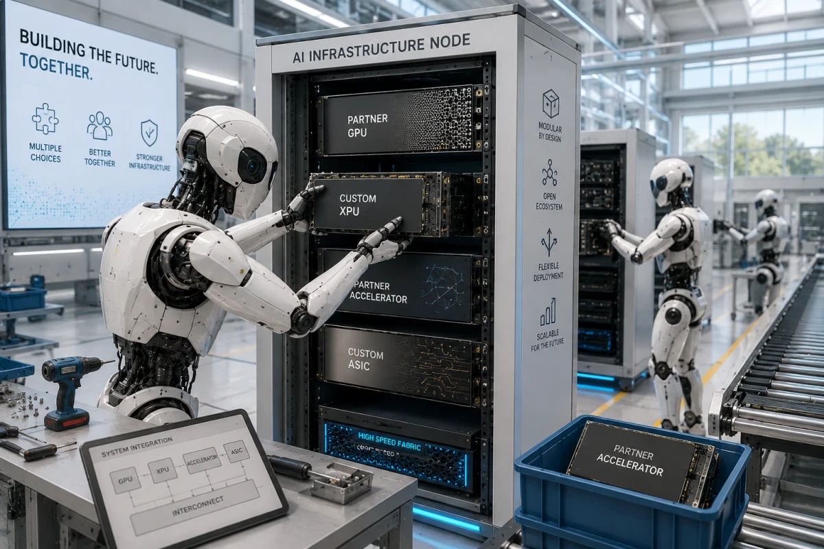 Humanoid robots installing custom and partner compute modules into shared AI infrastructure in a bright automated factory.