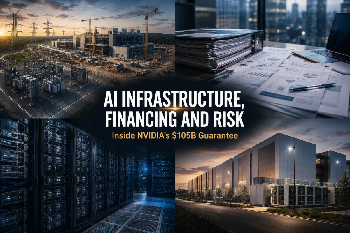 Editorial montage illustrating physical AI infrastructure, compute, financing and long-term data-center value.