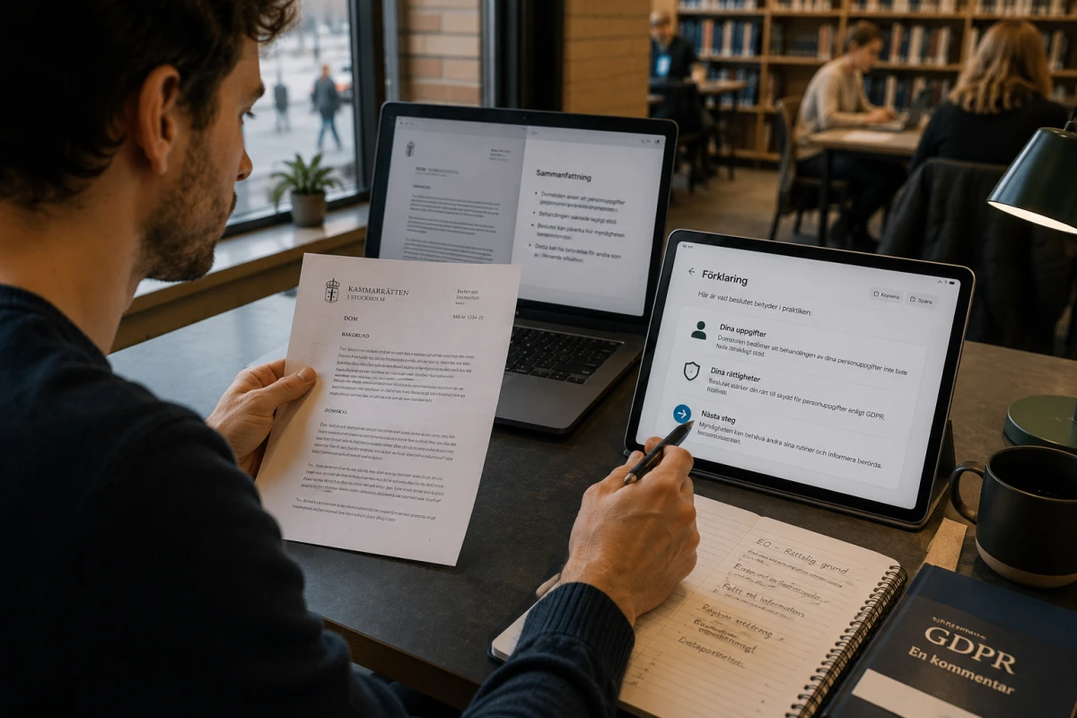 Person i ett bibliotek jämför ett originaldokument med digitala förklaringar på surfplatta och laptop.