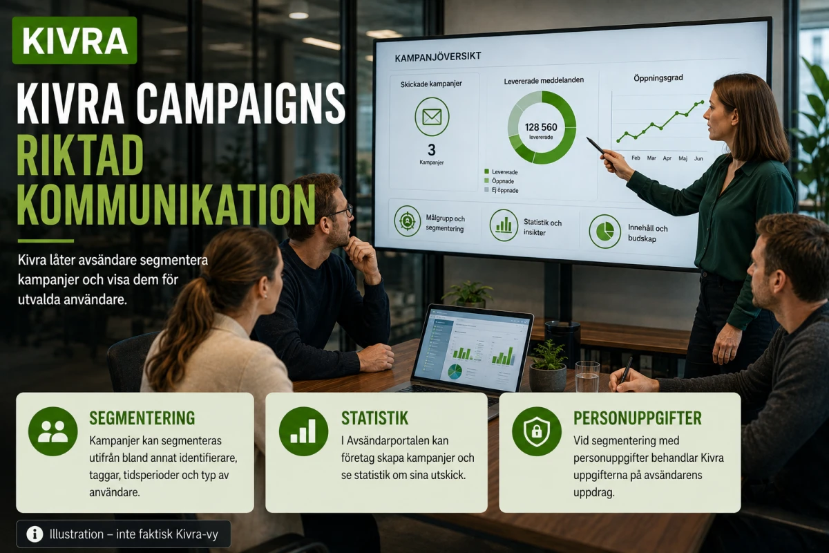 Kommunikationsteam på kontor arbetar framför en illustrerad kampanjöversikt för Kivra Campaigns.