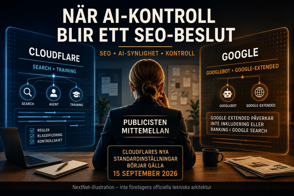 Publicist mellan två digitala regelsystem för Cloudflare och Google, med fokus på AI-kontroll, SEO och webbsynlighet.