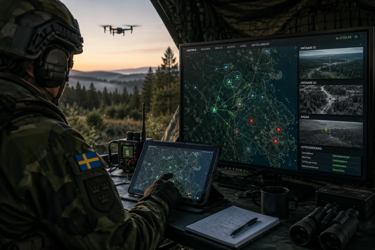 Svensk soldat använder ett fältbaserat ledningssystem med drönar-, radar- och sensordata.