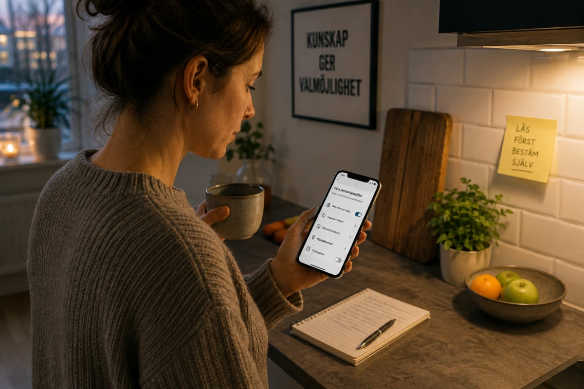 Person står vid en köksbänk och använder mobilen för att navigera bland digitala integritetsinställningar.