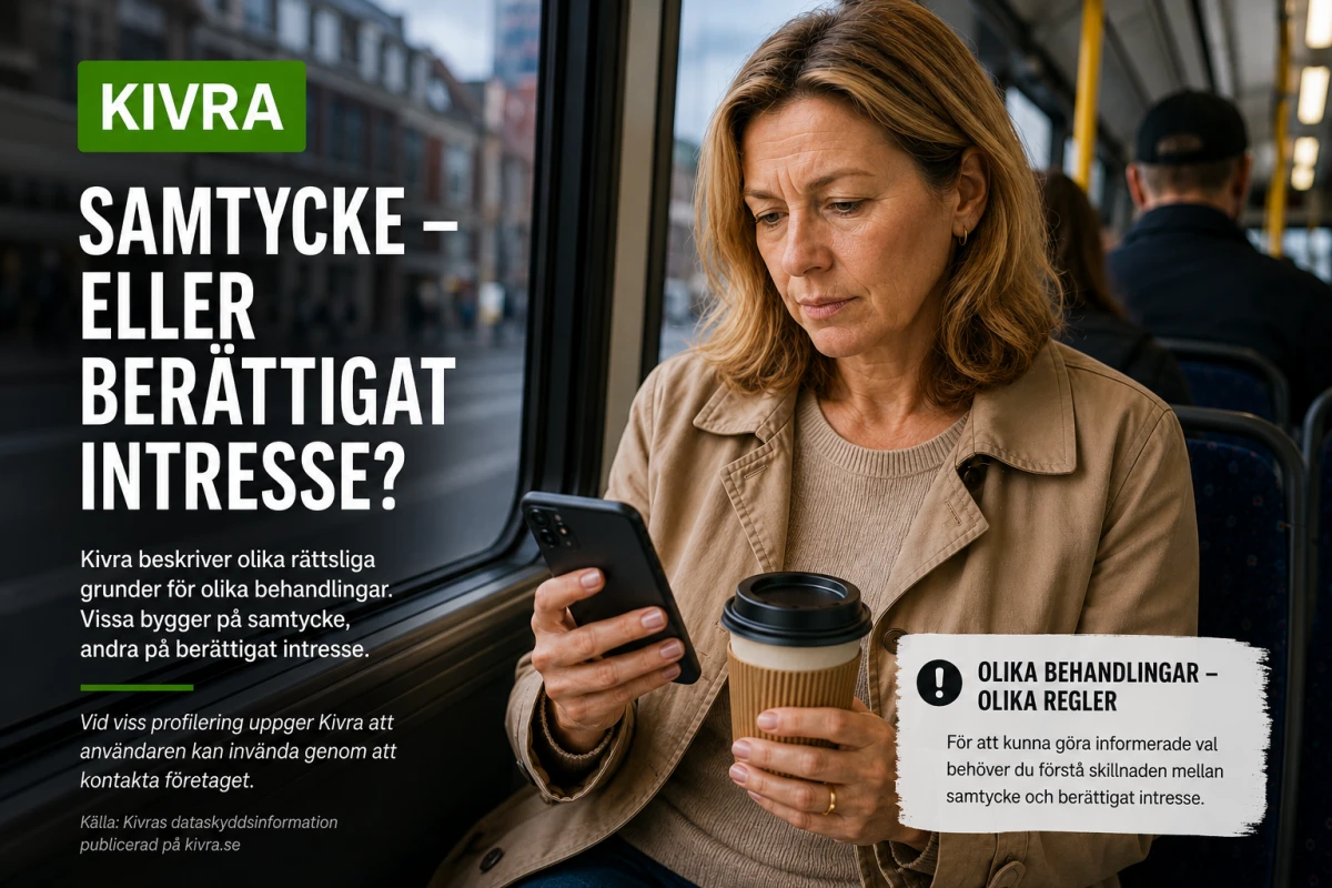 Kvinna på kollektivtrafik läser i mobilen intill information om samtycke och berättigat intresse.