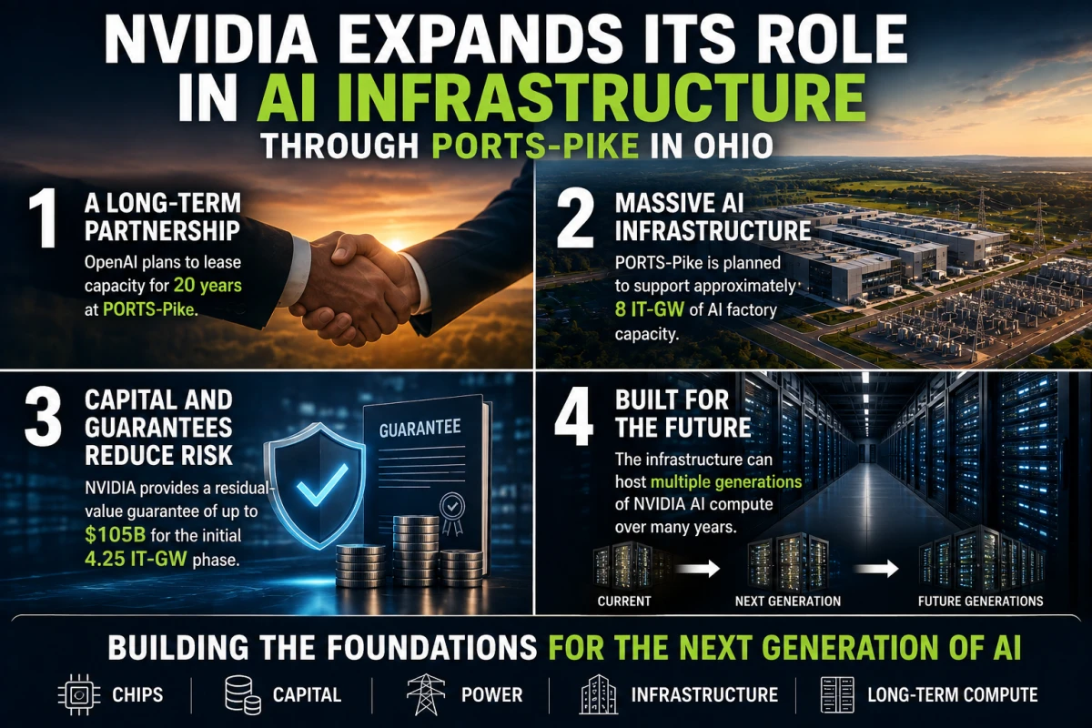 Editorial infographic about NVIDIA’s $105 billion guarantee structure for the PORTS-Pike AI project, showing OpenAI’s 20-year lease, 8 IT-GW capacity, financing risk and future AI infrastructure.