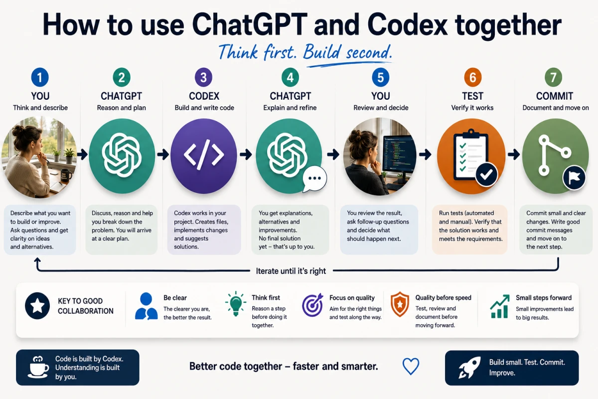 Step-by-step visual workflow showing how a person can use ChatGPT and Codex together from planning to testing and commit.
